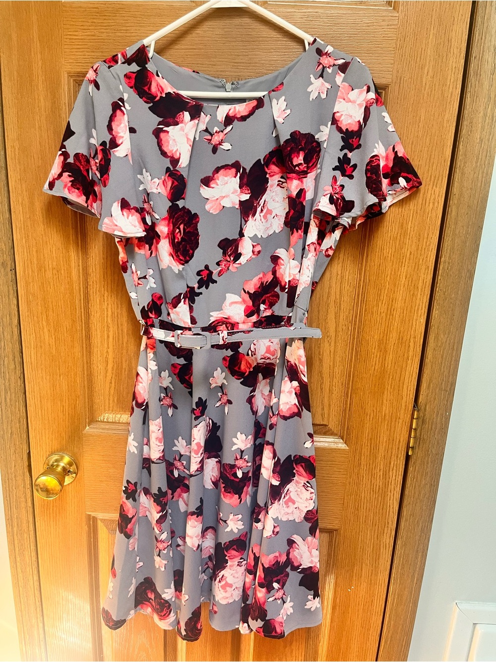 New York & Company Gray Midi Dress with Pink and Deep Red Floral Print